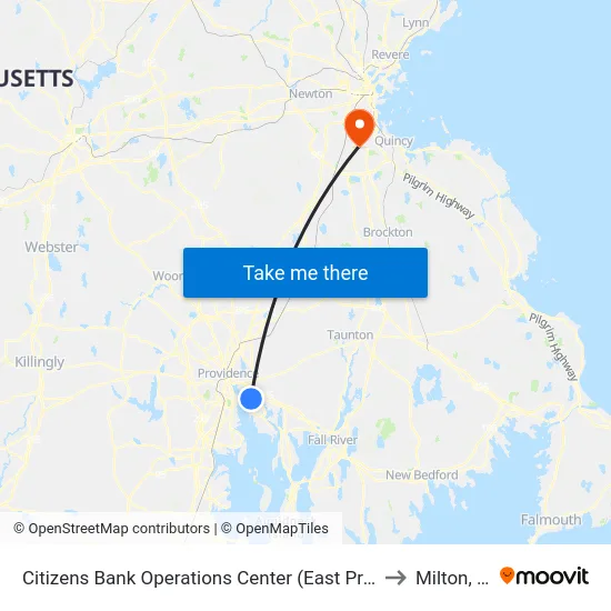 Citizens Bank Operations Center (East Providence) to Milton, MA map