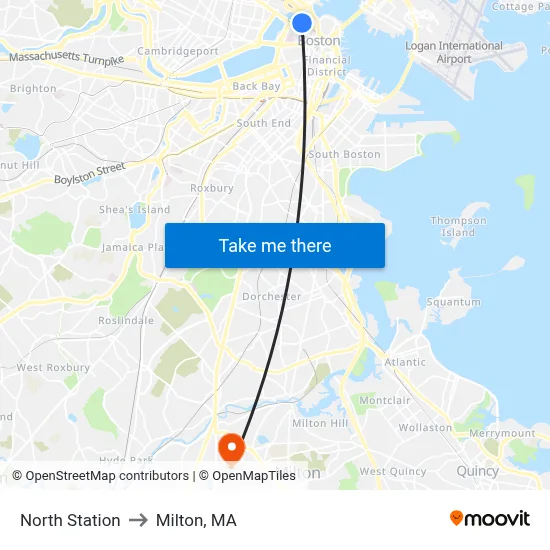 North Station to Milton, MA map