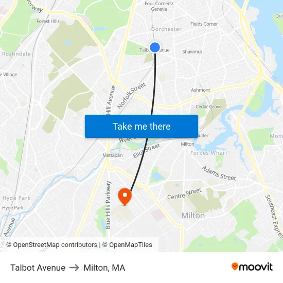 Talbot Avenue to Milton, MA map