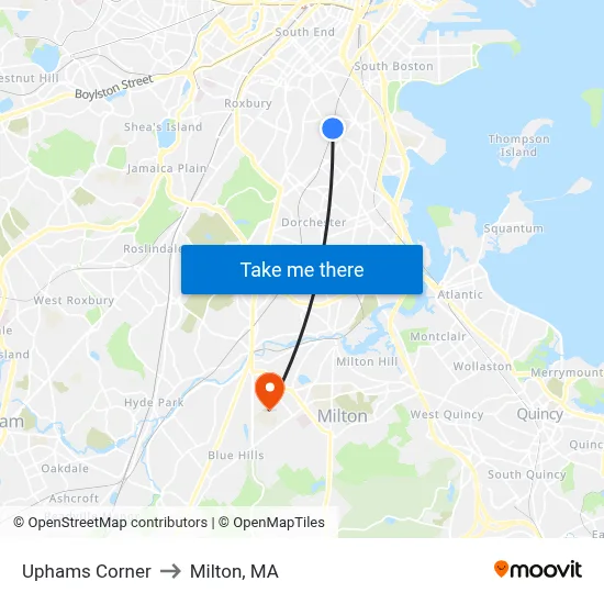 Uphams Corner to Milton, MA map