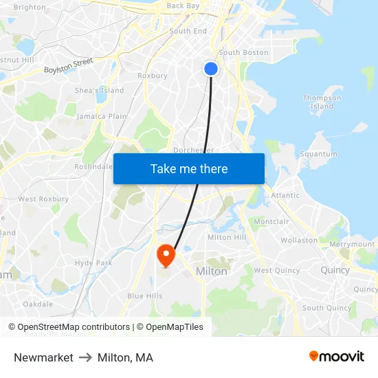 Newmarket to Milton, MA map