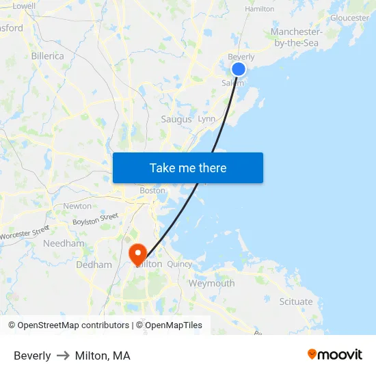 Beverly to Milton, MA map