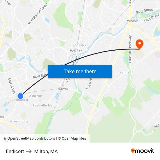Endicott to Milton, MA map