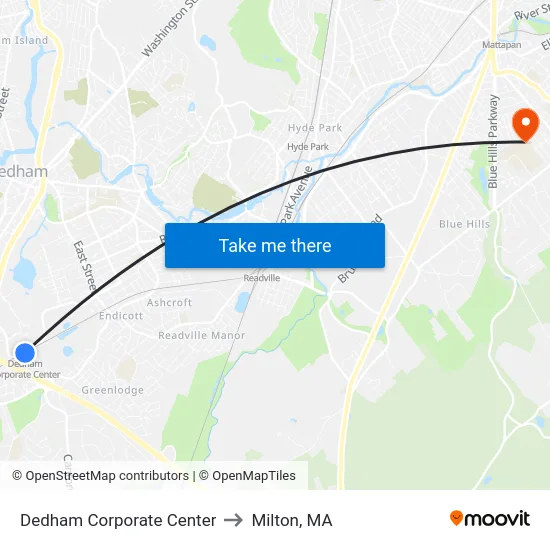 Dedham Corporate Center to Milton, MA map