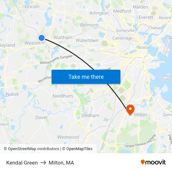 Kendal Green to Milton, MA map