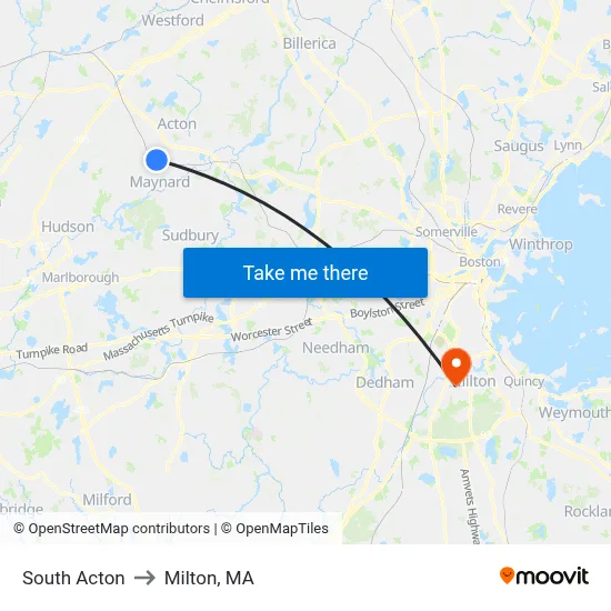 South Acton to Milton, MA map