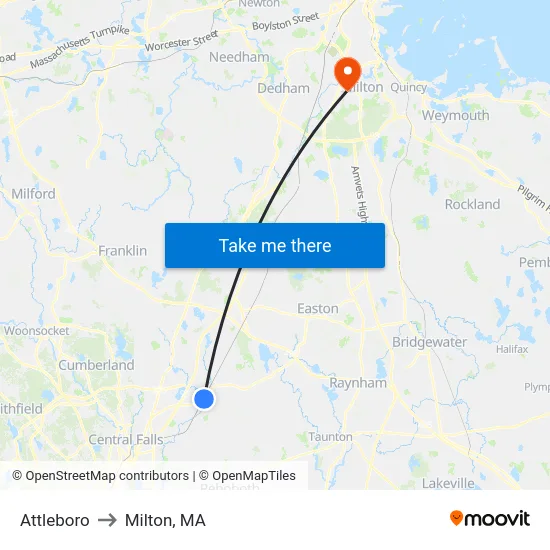 Attleboro to Milton, MA map