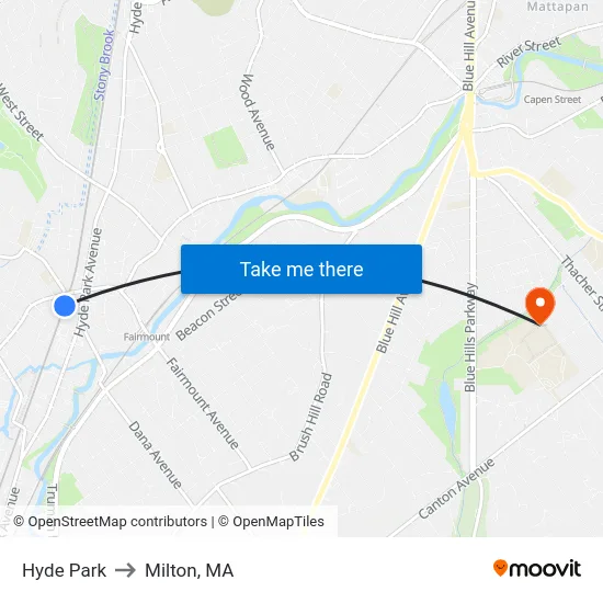 Hyde Park to Milton, MA map