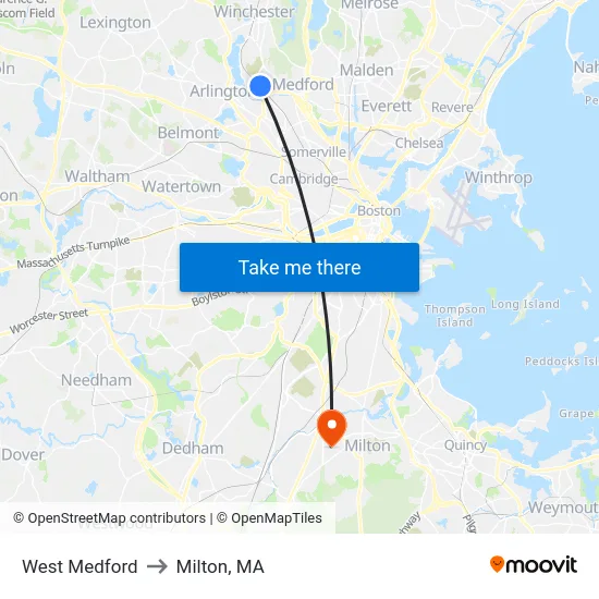West Medford to Milton, MA map