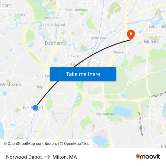 Norwood Depot to Milton, MA map