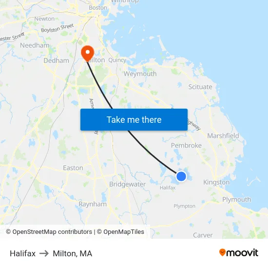 Halifax to Milton, MA map