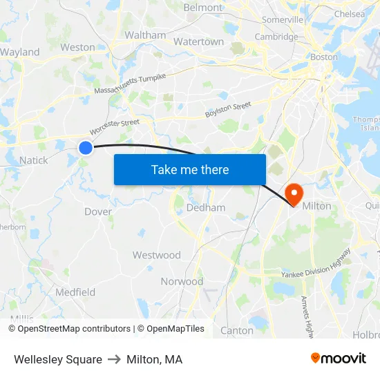 Wellesley Square to Milton, MA map