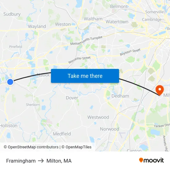 Framingham to Milton, MA map