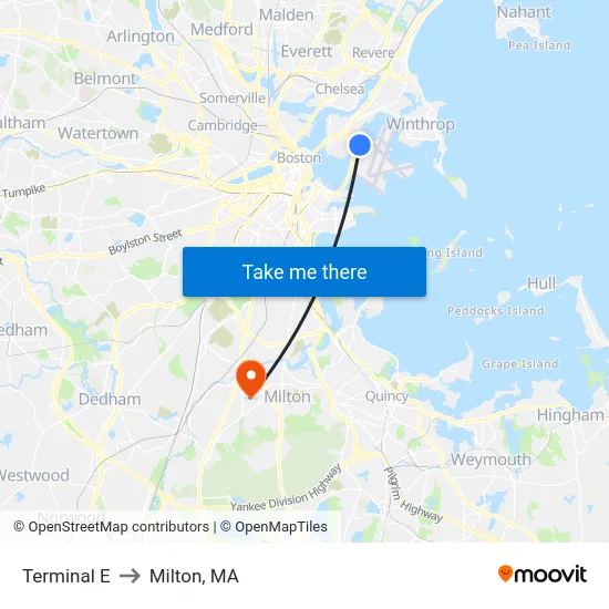Terminal E to Milton, MA map