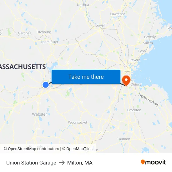 Union Station Garage to Milton, MA map