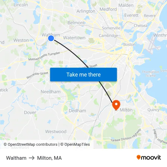 Waltham to Milton, MA map