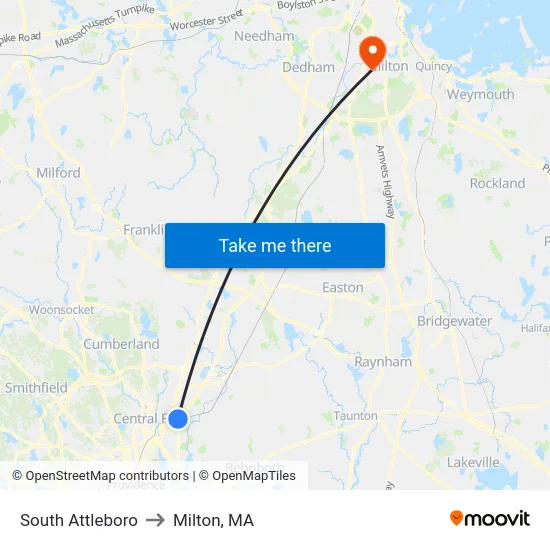 South Attleboro to Milton, MA map