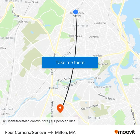 Four Corners/Geneva to Milton, MA map