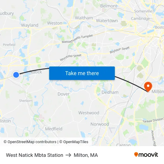 West Natick Mbta Station to Milton, MA map