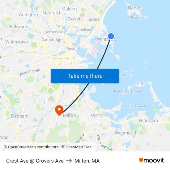 Crest Ave @ Grovers Ave to Milton, MA map