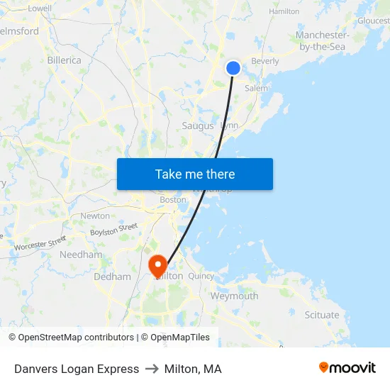 Danvers Logan Express to Milton, MA map