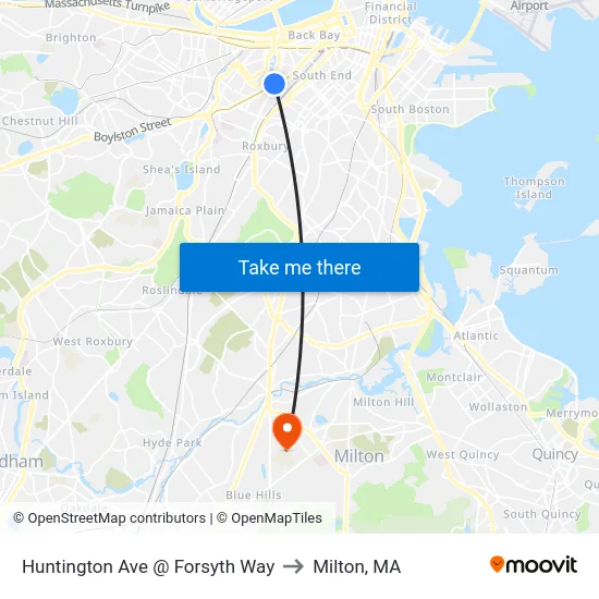 Huntington Ave @ Forsyth Way to Milton, MA map
