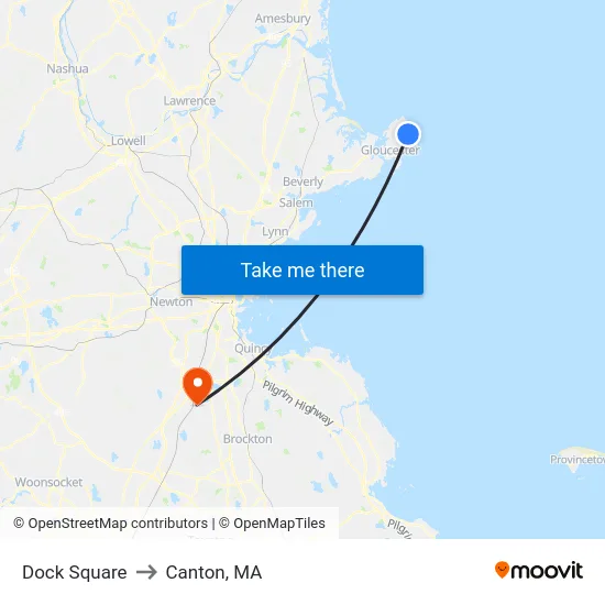 Dock Square to Canton, MA map