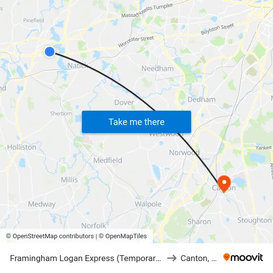 Framingham Logan Express (Temporary Stop) to Canton, MA map