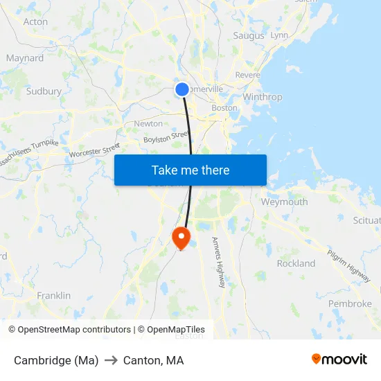 Cambridge (Ma) to Canton, MA map