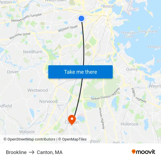 Brookline to Canton, MA map