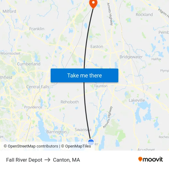 Fall River Depot to Canton, MA map