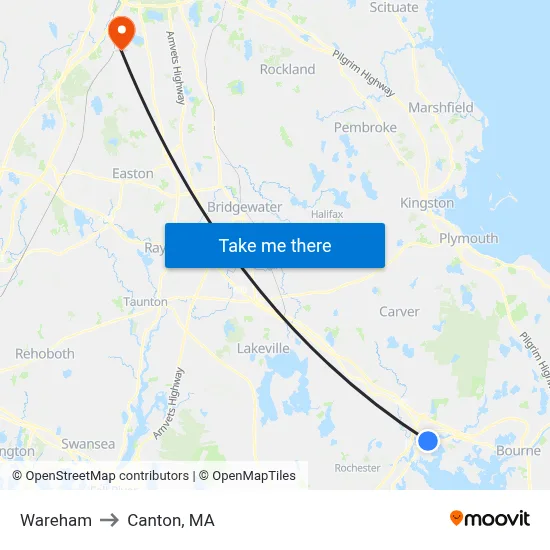 Wareham to Canton, MA map