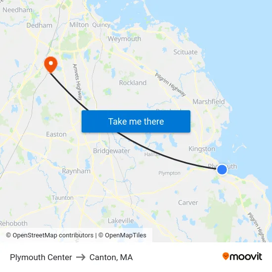 Plymouth Center to Canton, MA map