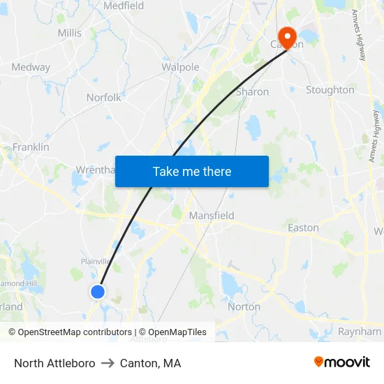 North Attleboro to Canton, MA map