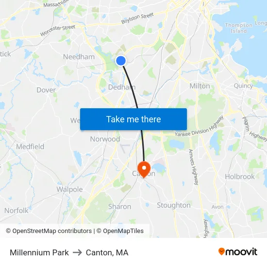 Millennium Park to Canton, MA map