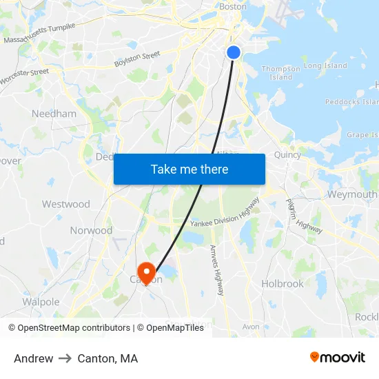Andrew to Canton, MA map