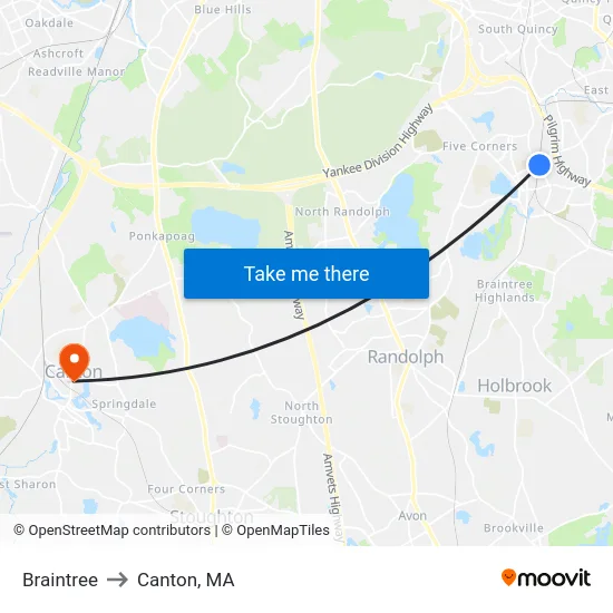 Braintree to Canton, MA map