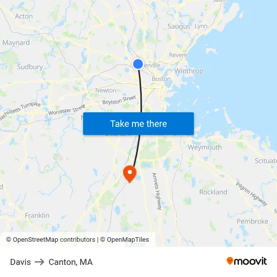 Davis to Canton, MA map