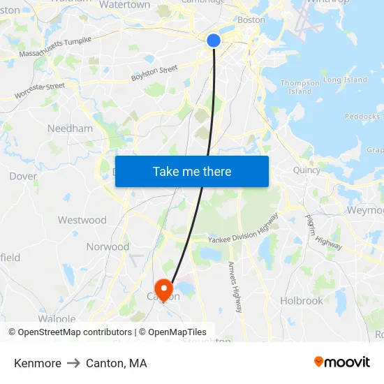 Kenmore to Canton, MA map