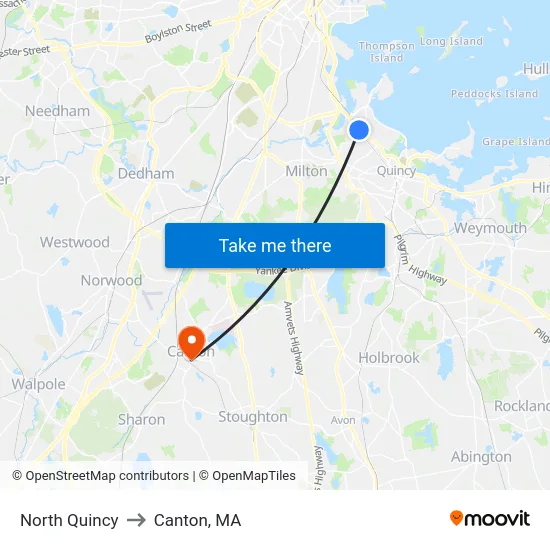 North Quincy to Canton, MA map