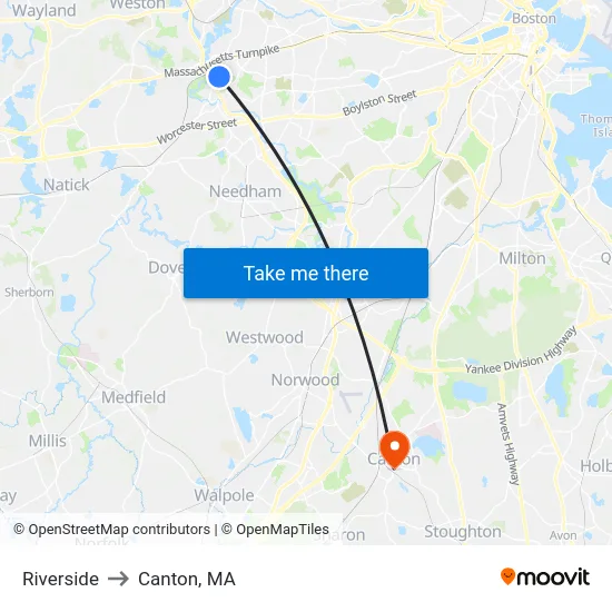 Riverside to Canton, MA map