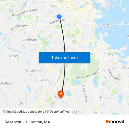 Reservoir to Canton, MA map