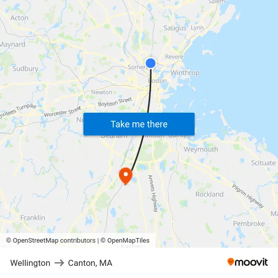 Wellington to Canton, MA map