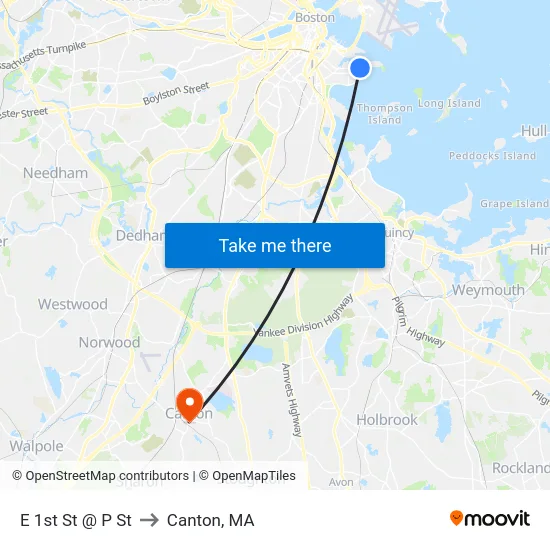 E 1st St @ P St to Canton, MA map