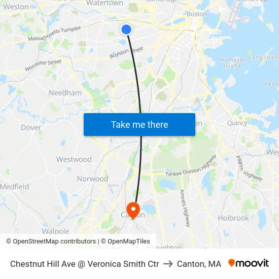 Chestnut Hill Ave @ Veronica Smith Ctr to Canton, MA map
