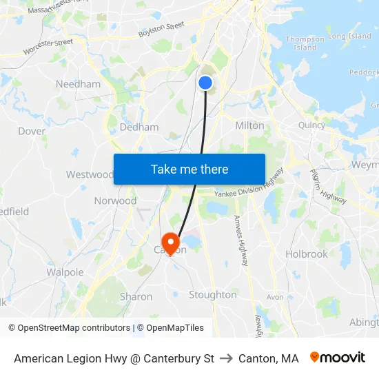 American Legion Hwy @ Canterbury St to Canton, MA map