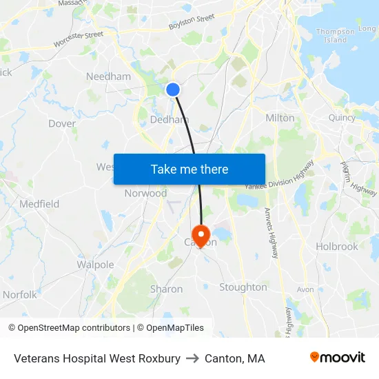 Veterans Hospital West Roxbury to Canton, MA map