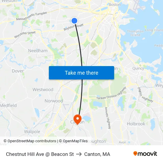 Chestnut Hill Ave @ Beacon St to Canton, MA map