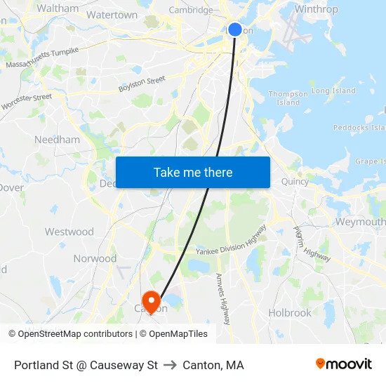 Portland St @ Causeway St to Canton, MA map