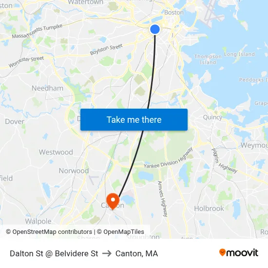 Dalton St @ Belvidere St to Canton, MA map